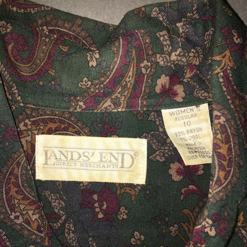Lands End Button Down, Paisley, Size: 10<br />
Forrest green with maroon and gold paisley design, small metal button down front, collar, long sleeves, 2 front flap breast pockets,  93% rayon, 7% wool. Dry Clean only<br />
10.1 oz