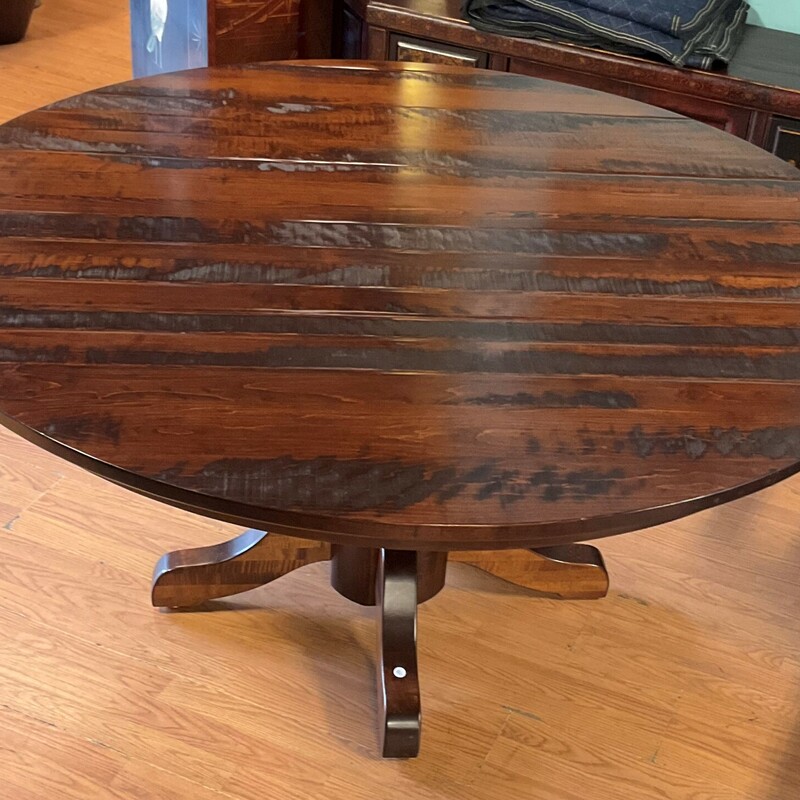 Pedestal Round Dining Table
Dark Stain, 4 Chairs
Table: 30in(H) 60 X 60(Diameter)
Chairs: 45in(H) 23in(W) 25in(D)
