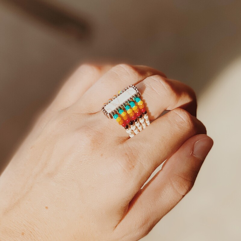These colorful seed bead rings are on a stretchy band for multiple size wear! These rings are available in white, pink, blue, or yellow!