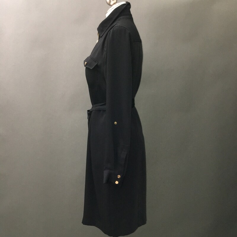 Calvin Klein Zip Shirt, Black, Size: 10<br />
Up down gold front zip, gold snap closure fron breast pockets, adjustable gold snap 3/4 sleeves, cute tie as belt or necktie, 100% polyester.Dry clean only.<br />
1 lb 1.1 oz
