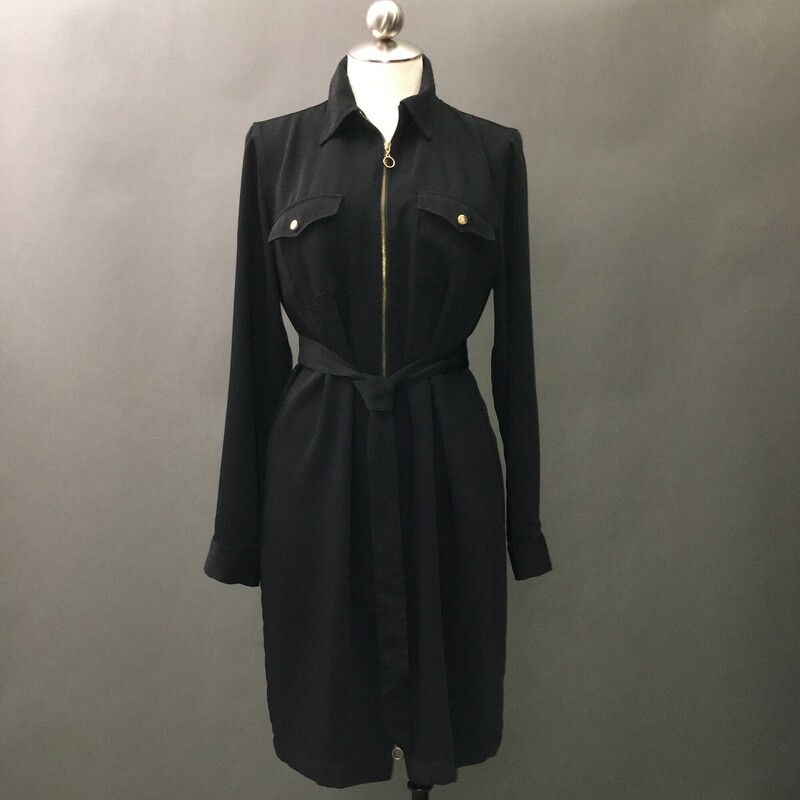 Calvin Klein Zip Shirt, Black, Size: 10
Up down gold front zip, gold snap closure fron breast pockets, adjustable gold snap 3/4 sleeves, cute tie as belt or necktie, 100% polyester.Dry clean only.
1 lb 1.1 oz