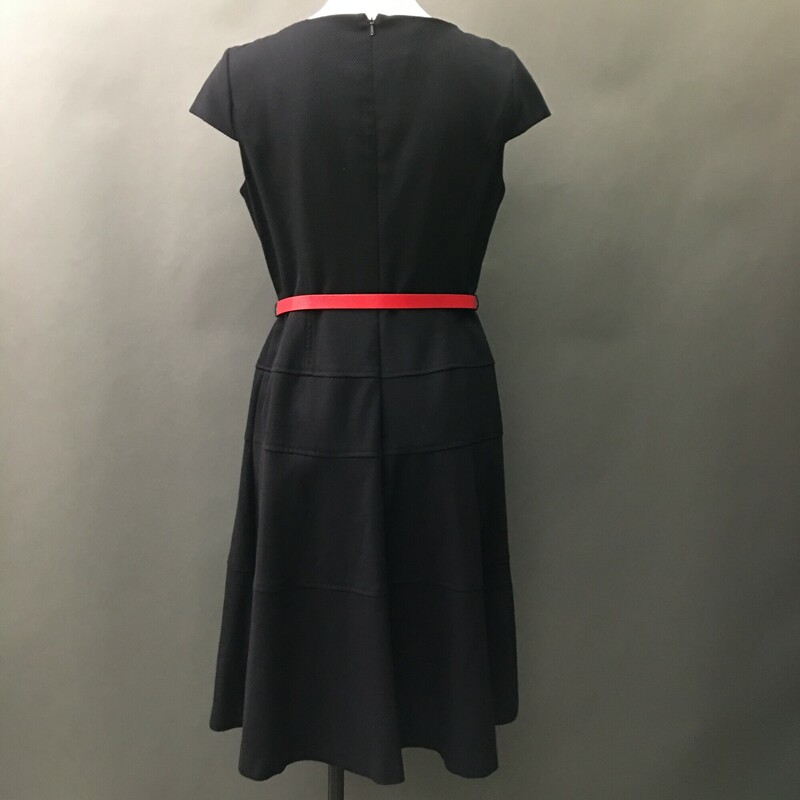 Stretch knit Anne Klein black dress with a capped sleeve with 1\" red snakeskin pattern belt, Dress falls slightly below or at the knee.
15.9 oz