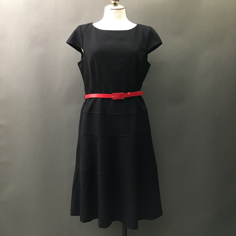 Stretch knit Anne Klein black dress with a capped sleeve with 1\" red snakeskin pattern belt, Dress falls slightly below or at the knee.
15.9 oz