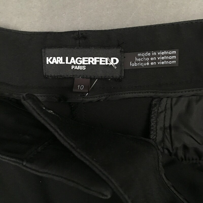 Karl Lagerfield, Black, Size: 10<br />
 Women’s Black Dress Pants<br />
Skinny Leg, Zip, hook and missing button closure. Cotton Blend,  Lightweight, Mid rise.<br />
7.2 oz