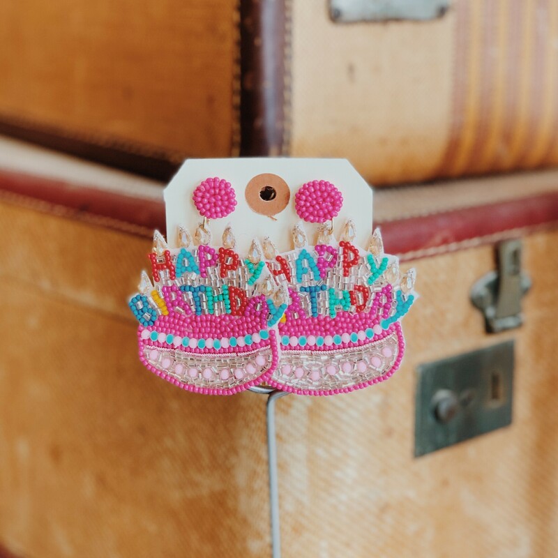 These adorable, seed bead earrings have Happy Birthday written on the front and measure 3 inches in length!<br />
They are available in light pink or hot pink.