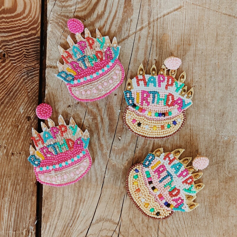These adorable, seed bead earrings have Happy Birthday written on the front and measure 3 inches in length!
They are available in light pink or hot pink.