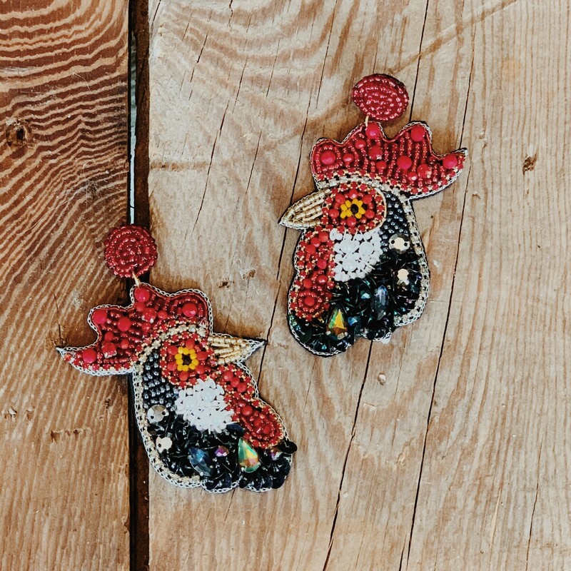 These totally fun rooster earrings are sure to stand out! They measure 3.25 inches in length.
