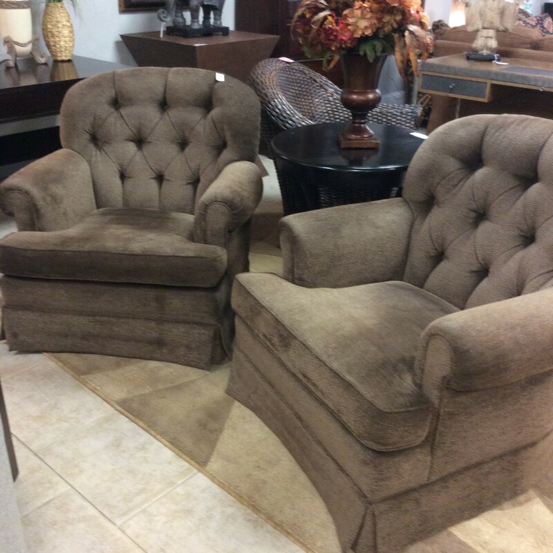 This pair of  chairs from Allen Kenoch are upholstered in a chocolate brown chanille fabric with botton tuffted backs.