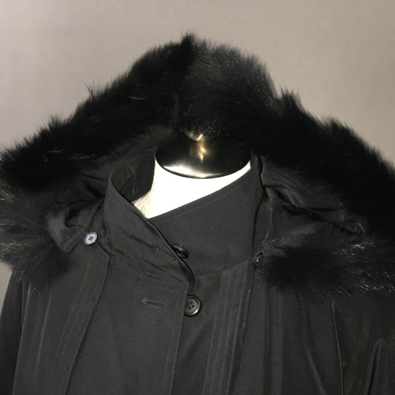 Utex Lined Overcoat, Black, Size: Large<br />
100% polyester removable lining, fur lined removeable hood, waist closure with tie, outside front buttons,<br />
3lbs 3.3 oz
