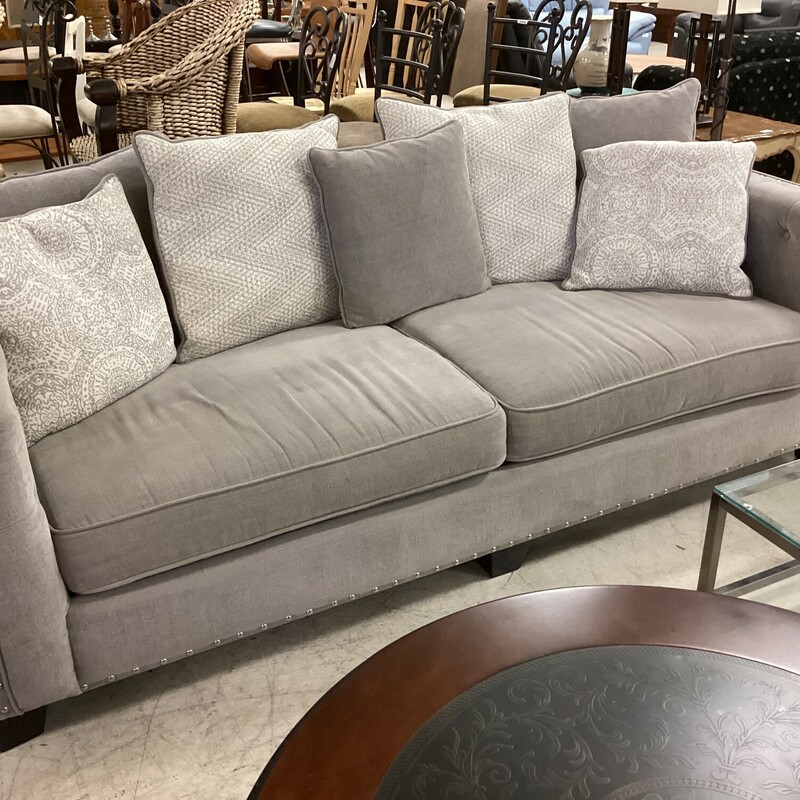 Gray Tufted Sofa W/ Pillows, Gray, Nailhead
93in wide