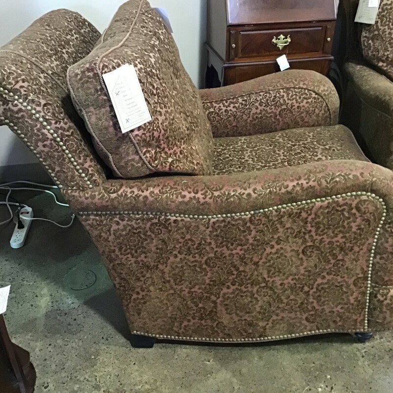 Arhaus Furniture<br />
Upholstered Chair<br />
Loose back cushion<br />
Super comfortable<br />
Wood legs<br />
Mocha Rasberry Upholstery<br />
<br />
Matches #152842<br />
Dimensions: 32x42x34