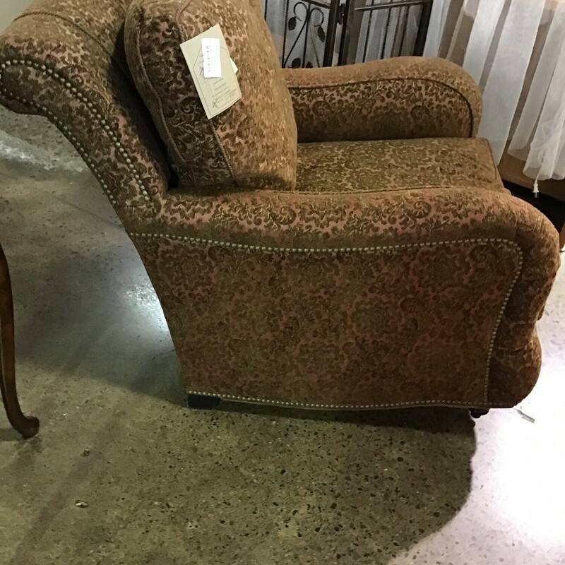 Arhaus Furniture<br />
Upholstered Chair<br />
Loose back cushion<br />
Super comfortable<br />
Wood legs<br />
Mocha Rasberry Upholstery<br />
<br />
Matches #152843<br />
Dimensions: 32x42x34