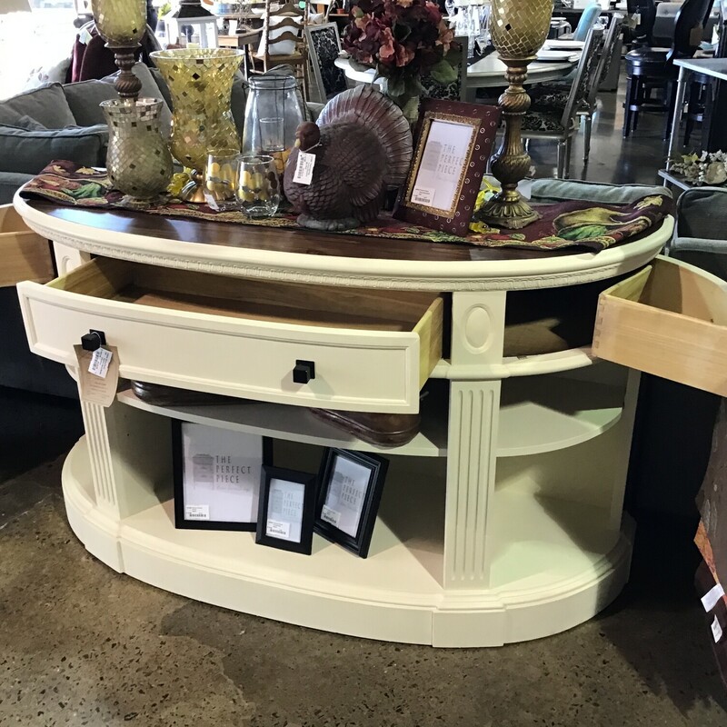 Another beautiful refinished piece by our Local Artist<br />
Two tone with stained top and painted base<br />
Base was painted with Country Chic Cheesecake Paint and then sanded and Clear Waxed<br />
3 Drawers<br />
6 Spacious cubbies<br />
Can also be used as a media stand<br />
<br />
Dimensions: 60x20x35
