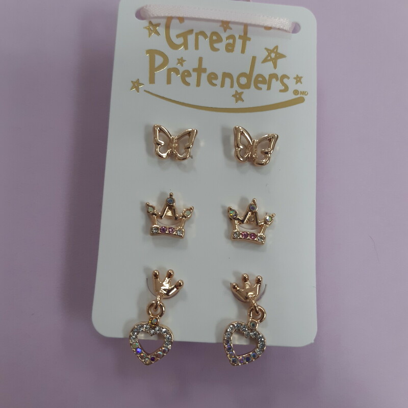 Feel like royalty in these beautiful  Boutique Royal Crown Studded Earrings. Perfect for pierced ears, this 3-pair set consists of butterfly, crown and heart designs that glimmer with metallic and clear-jewel accents.