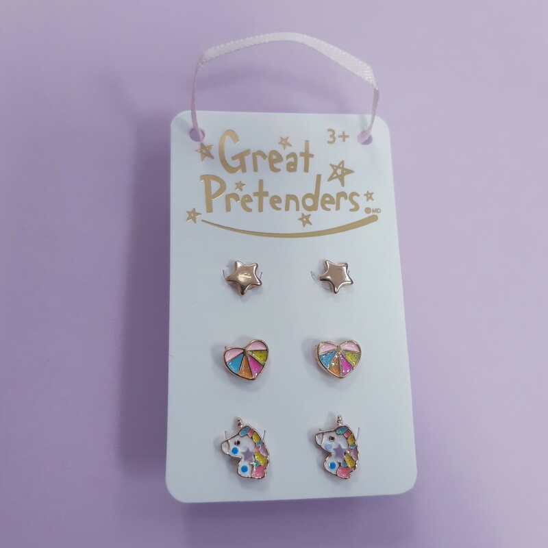 You're sure to be all smiles while sporting our Cheerful Studded Earrings. Perfect for pierced ears, this 3-pair set consists of a metallic star and pastel rainbow heart & unicorn designs.