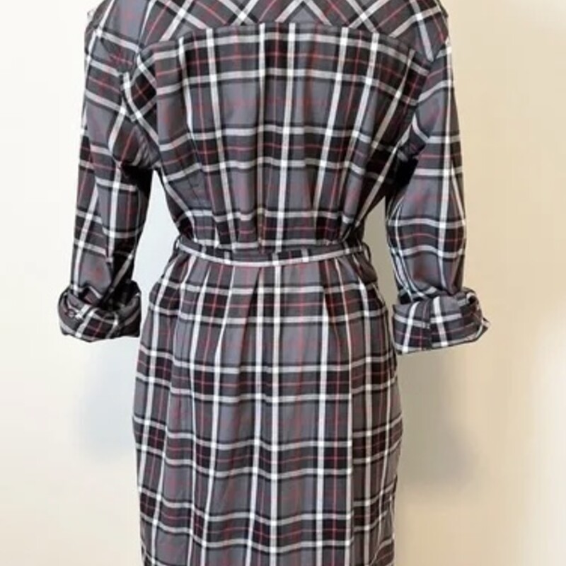 Long Sleeve Belted Plaid Dress, Grey Red, Size: Medium in Excellent preloved condition!