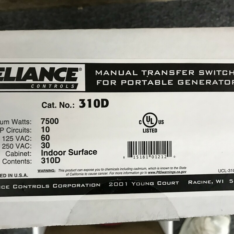 Transfer Switch, Reliance Controls 310D
7500W