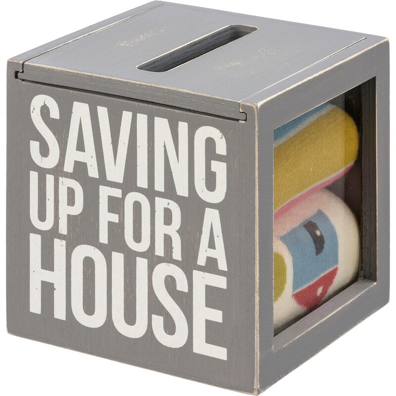 Bank And Sock Set Home, SKU: 111261
This coordinating set includes two pairs of socks with themed designs, tucked neatly inside a wooden bank featuring double-sided box sign style designs with Saving Up For A House and There's No Place Like Home sentiments. Sliding lid with convenient coin slot makes it easy to store coins and bills inside, and glass side panels allow you to watch as your savings grow. Socks are a cotton, nylon, and spandex blend and are machine-washable. Remove socks from bank and use it to stash your savings for your next big purchase!

DETAILS
Dimensions: Bank: 4.25 x 4.25 x 4.25, Socks: One Size Fits Most
Material: Wood, Glass, Cotton, Nylon, Spandex, Ribbon
UPC: 190134112615
Artist: Primitives by Kathy
Product Text: SAVING UP FOR A HOME; THERE'S NO PLACE LIKE HOME