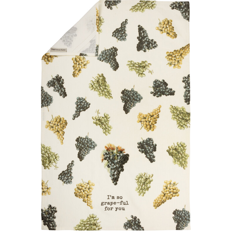 Dish Towel For You, SKU: 108974
A cotton linen blend kitchen towel featuring all-over retro style grape bunch designs and punny embroidered I'm So Grape-ful For You sentiment. Features a cotton tape loop in the corner for easy hanging. Machine-washable. Towel is packaged on a cardboard hanger with a hole to easily hang on rack. Features a hangtag displaying the full design.
DETAILS
Dimensions: 18 x 28
Material: Cotton, Linen
UPC: 190134089740
Artist: Annie Schickel
Product Text: I'M SO GRAPE-FUL FOR YOU