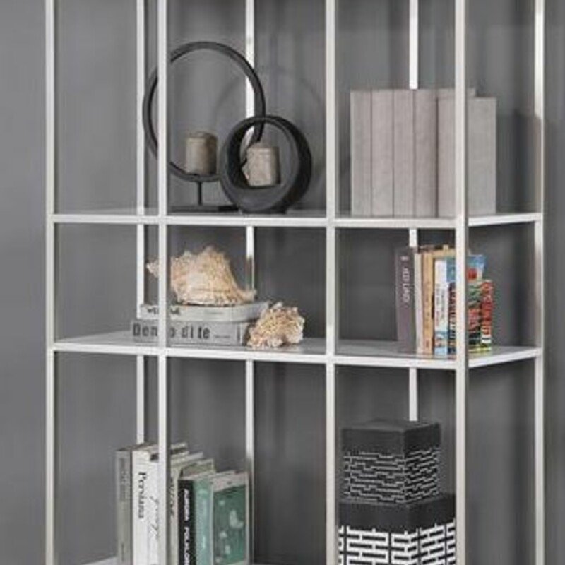 Modern Silver Metal Etagere
Champagne Frame White Shelves   Size: 41x14x74H
Finished On All Sides
Weight Capacity: 160 LBS
NEW
Retail $1775+
Marching Etagere Sold Separately