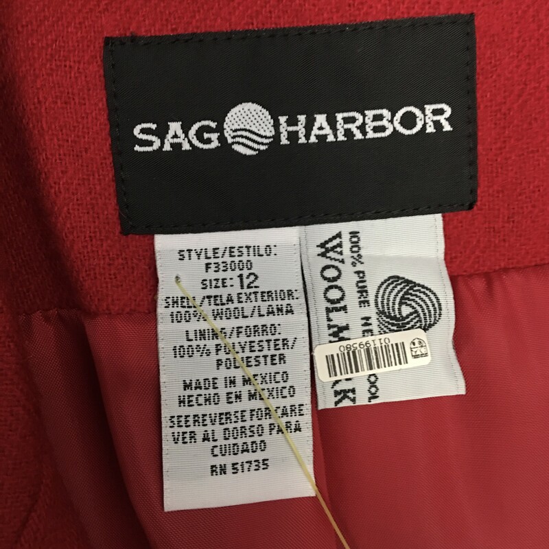 Sag Harbor 100% Wool, Red, Size: 12<br />
100% Sustainable New Wool , Warm, stylish simple construction,  Lapel Collar, single Button Closure. Lined.<br />
1 lb 2.0 oz