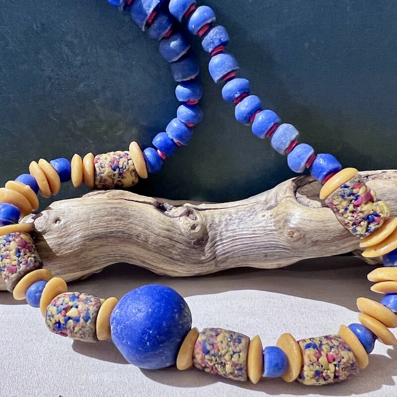 Blue & orange clay bead necklace
