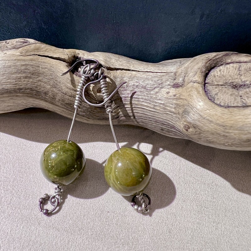 Large green stone ball earrings