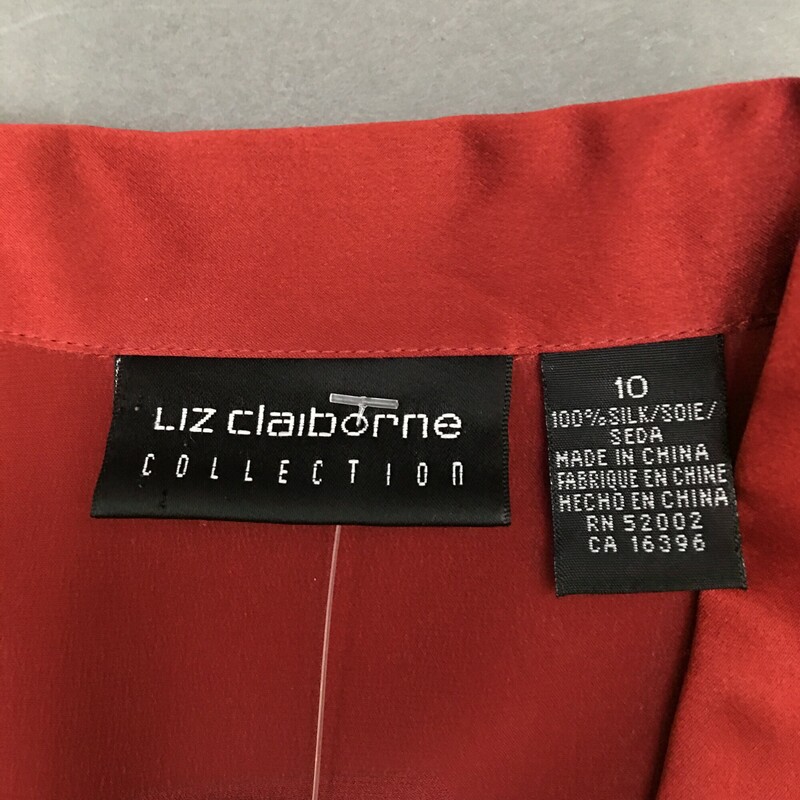 Liz Claiborne Collection, Rust, Size: 10<br />
Long Sleeve 100% Silk Satin button up Blouse,<br />
5.2 oz