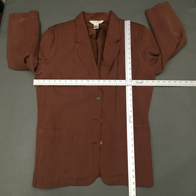 Melrose Studio Silk, Brown, Size: Large
100% lined silk jacket with three bronze/gold buttons.
 front pockets only. Lining is nylon
10.8 oz