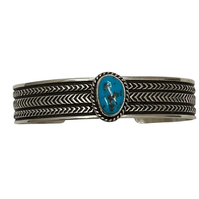 Harold J Navajo Bracelet
Real Blue Turquoise Stone
Sterling Silver Band and Setting
Cuff Style