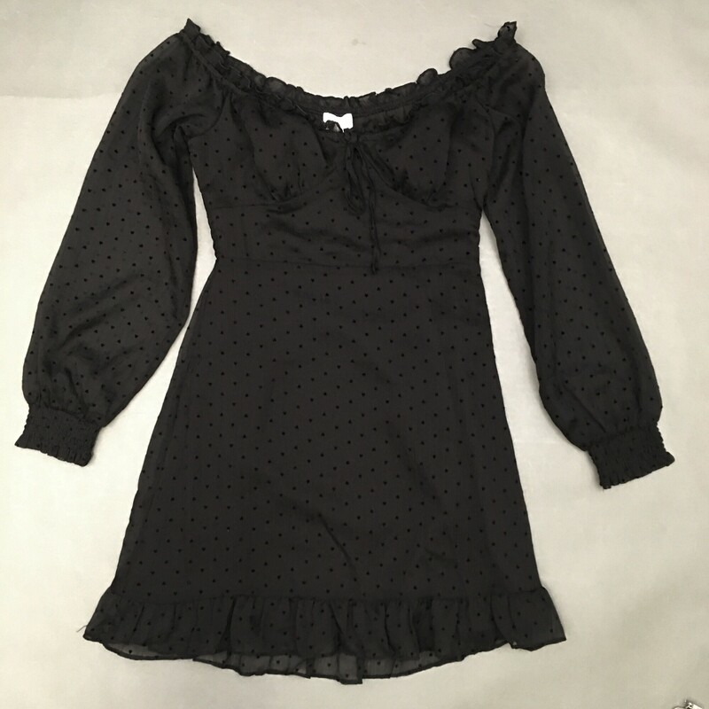 Lelis Off Shoulder Hearts, Black, Size: Small
Off the Shoulder dress in sheer fabric with mini black velvet hearts, arms are sheer, peasant scoop neck with tie, layered shell with lining,  side zipper. This dress is labeled Small - maybe a size 2. please see photos for measurements. New with Tags.
Shell 100% polyester, lining 95% polyester, 5%spandex. hand wash cold. Made in China
4.6 oz