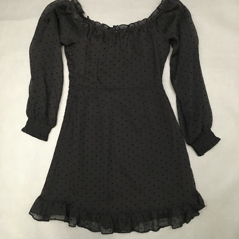 Lelis Off Shoulder Hearts, Black, Size: Small
Off the Shoulder dress in sheer fabric with mini black velvet hearts, arms are sheer, peasant scoop neck with tie, layered shell with lining,  side zipper. This dress is labeled Small - maybe a size 2. please see photos for measurements. New with Tags.
Shell 100% polyester, lining 95% polyester, 5%spandex. hand wash cold. Made in China
4.6 oz