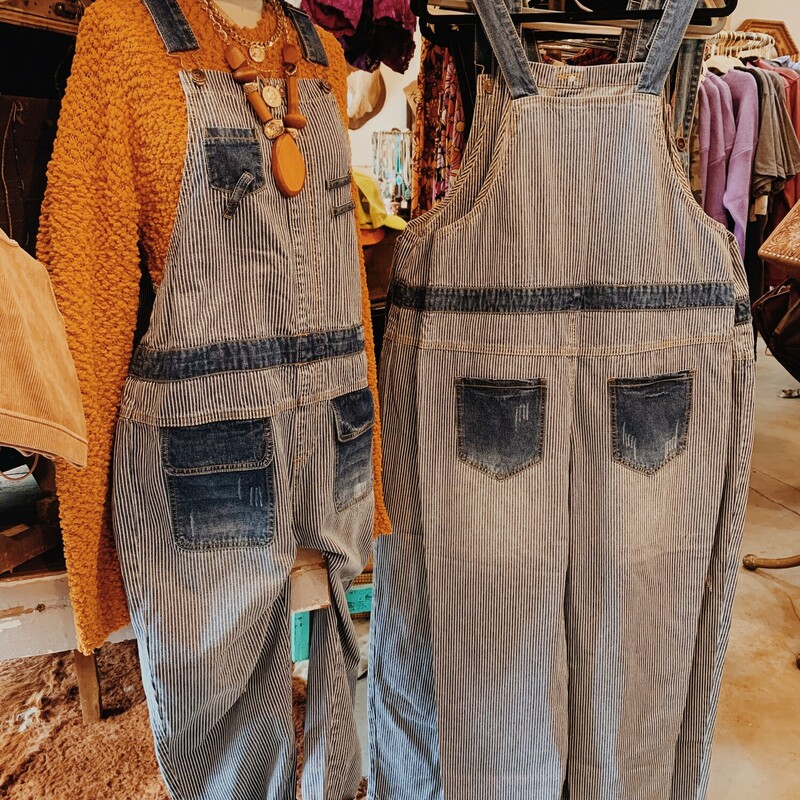 These fabulous striped denim overalls have a fun, funky fit! Wear these with a tank in the summer or a sweater in the winter, and you are ready to go!