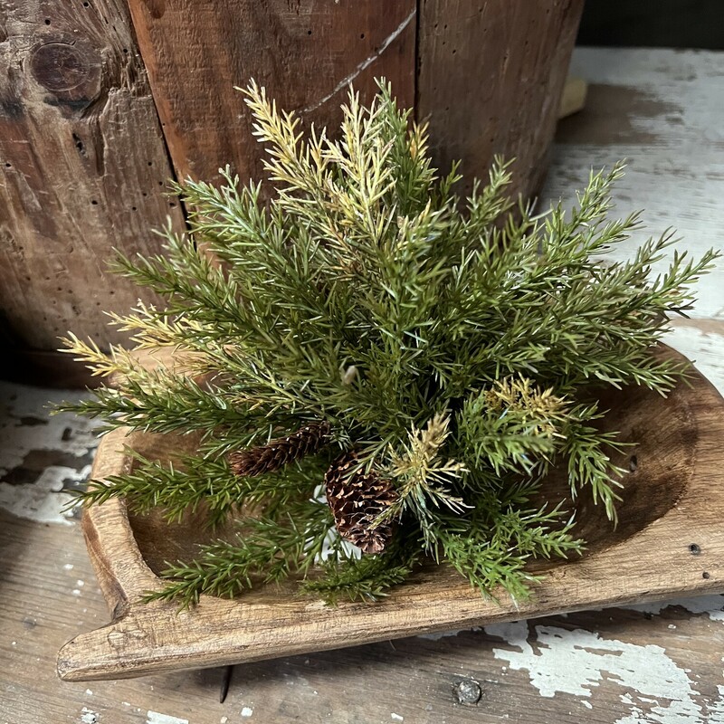 This Prickly Pine Half Sphere; moss green; has foliage full with short pine needles and a scattering of pinecones that gather at the end. The tips of some of its branches have begun to yellow; adding color to this rustic artificial floral.  This half sphere is beautiful for the holidays and beyond.  Measures 7 inches high and 9 inches in diameter