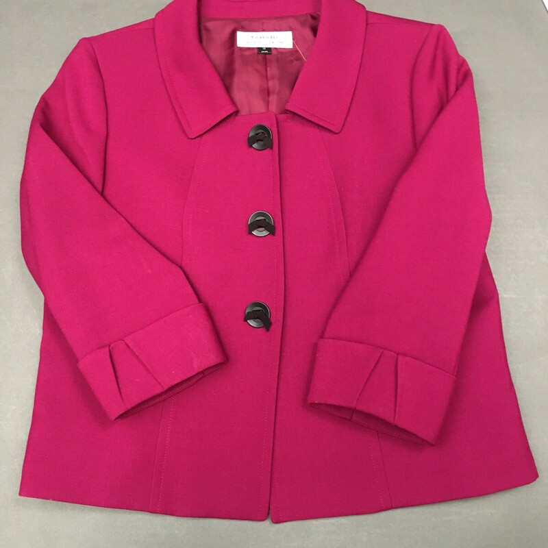 Tahari, Fuscia, Size: 14 Women's<br />
Beautiful color separate Tahari Arthur S. Levine Fuchsia Suit Jacket in a size 14. Fully lined. The front features 3 large black snap buttons with cute bows and sleeves have a cuff with a pleat in them. Round spread collar. Fabric: 64% Polyester, 33% Rayon, 3% Spandex. Dry clean. Approximate Measurements: Chest 20\", Length 24,\" Sleeve 20\". Please see photos. .<br />
1 lb 6.5 oz