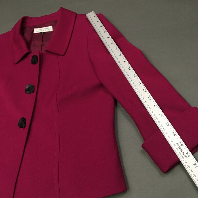 Tahari, Fuscia, Size: 14 Women's<br />
Beautiful color separate Tahari Arthur S. Levine Fuchsia Suit Jacket in a size 14. Fully lined. The front features 3 large black snap buttons with cute bows and sleeves have a cuff with a pleat in them. Round spread collar. Fabric: 64% Polyester, 33% Rayon, 3% Spandex. Dry clean. Approximate Measurements: Chest 20\", Length 24,\" Sleeve 20\". Please see photos. .<br />
1 lb 6.5 oz