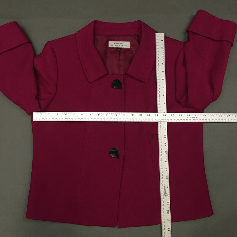 Tahari, Fuscia, Size: 14 Women's<br />
Beautiful color separate Tahari Arthur S. Levine Fuchsia Suit Jacket in a size 14. Fully lined. The front features 3 large black snap buttons with cute bows and sleeves have a cuff with a pleat in them. Round spread collar. Fabric: 64% Polyester, 33% Rayon, 3% Spandex. Dry clean. Approximate Measurements: Chest 20\", Length 24,\" Sleeve 20\". Please see photos. .<br />
1 lb 6.5 oz