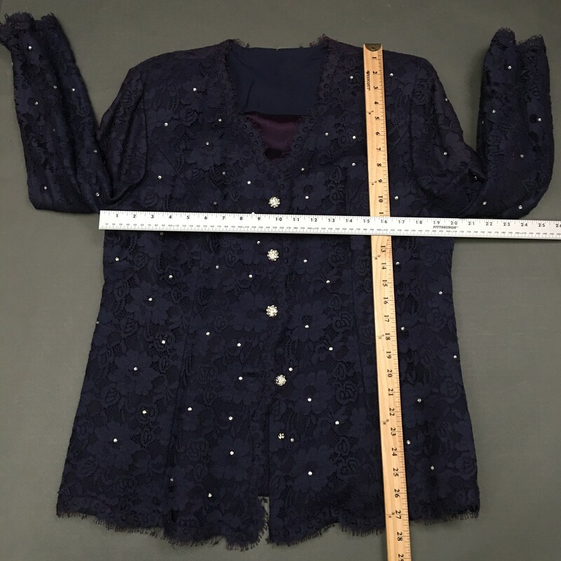 No Brand Custom, Navy, Size: XL jacket<br />
Navy Blue lace custom  jacket, fully lined, Four 1/2 inch rhinestone buttons and 2 snaps front closure, featured small rhinestone sequins all over. Please see photos for measurements. There are no fabric or maker tags.<br />
1 lb 9.2 oz