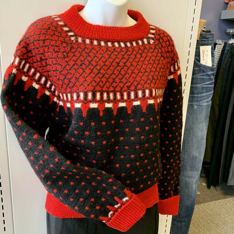 Paul Mage Sweater,
Wool - Vintage,
Colour: Red, black and white,
Size: Medium