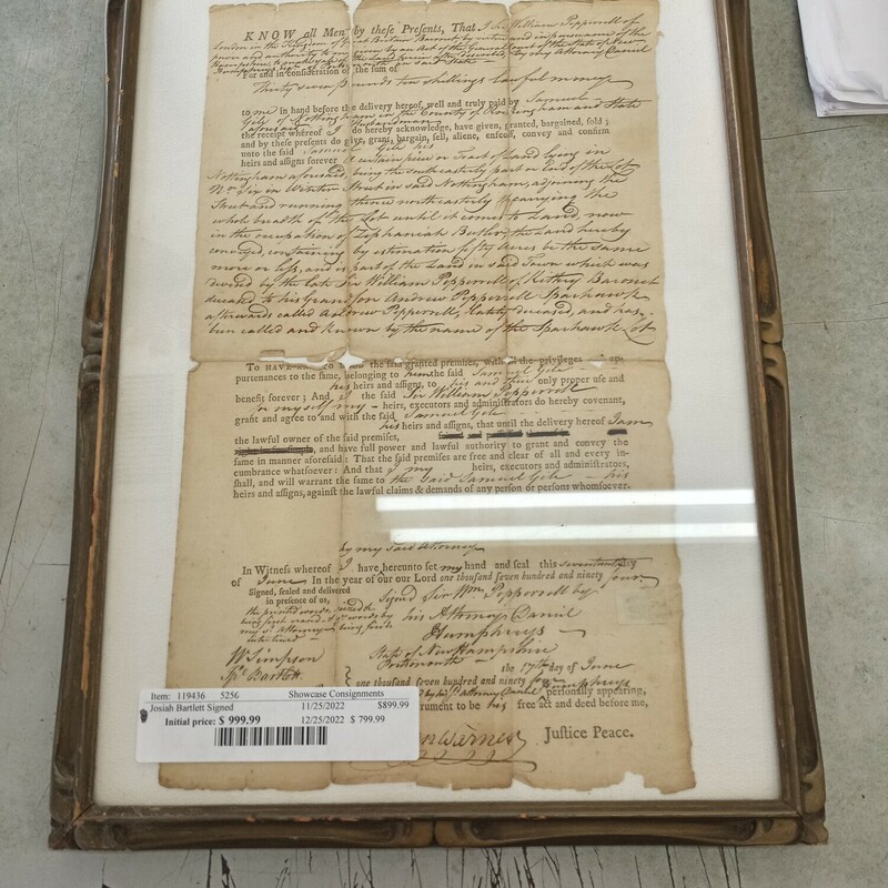 Josiah Bartlett Signed. Land grant including William Pepperrell, Daniel Humphries  1794