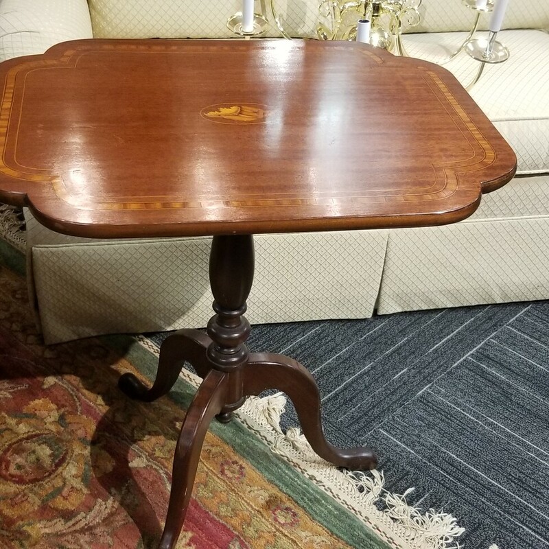 Inlaid mahogany flip top table. 26.5in x 20in top