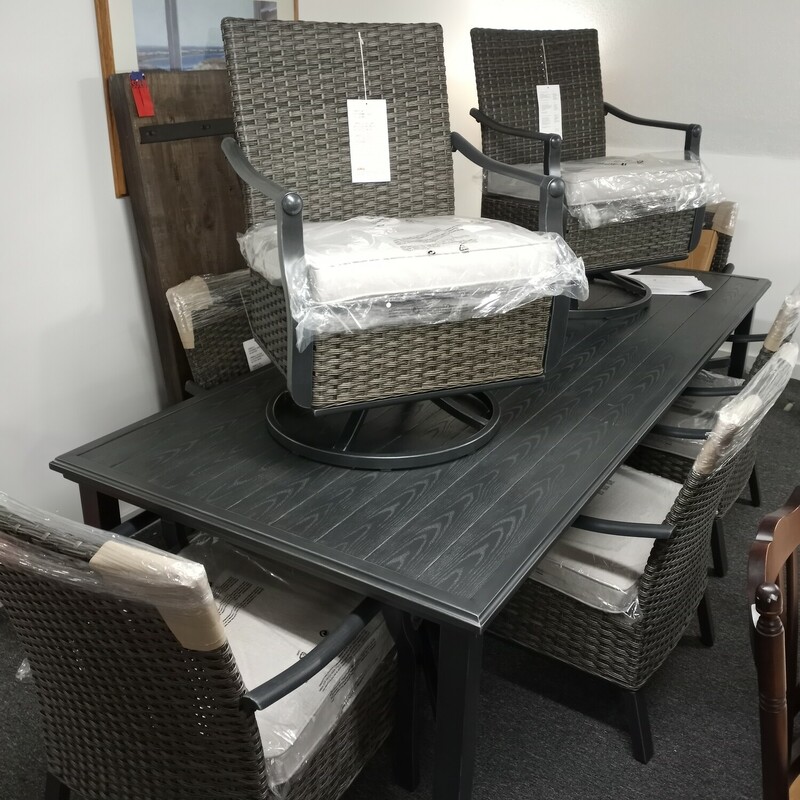 8 Chair Patio Dining Set, 6 arm chairs and 2 swivel arm chairs and @ 8 ft table. 2700 dollar retail.
We just assembled from new in box!