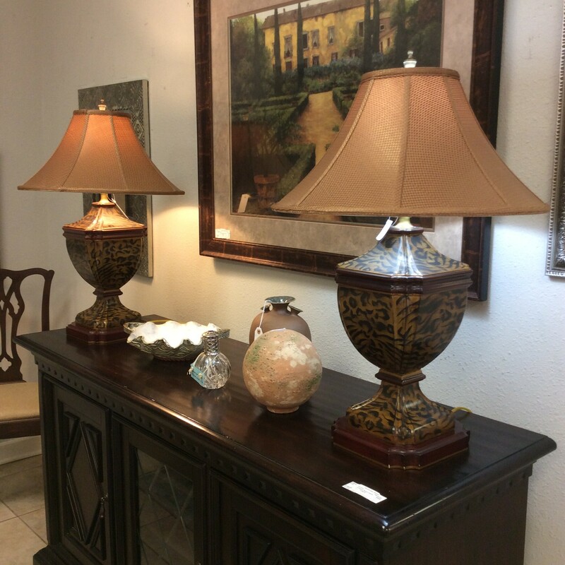 This is a pair of Cheeta Print lamps with tan shades.