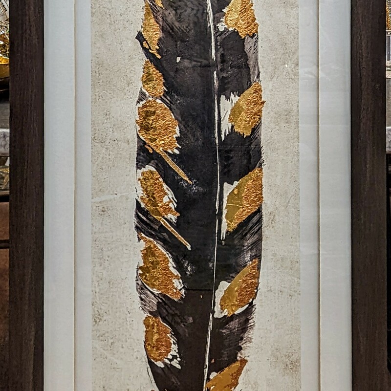 Gilded Feathers Print
Black Brown Gold with Espresso Wood Frame
Size: 22x59H
Purchased from Plantation Home Lakewood OH