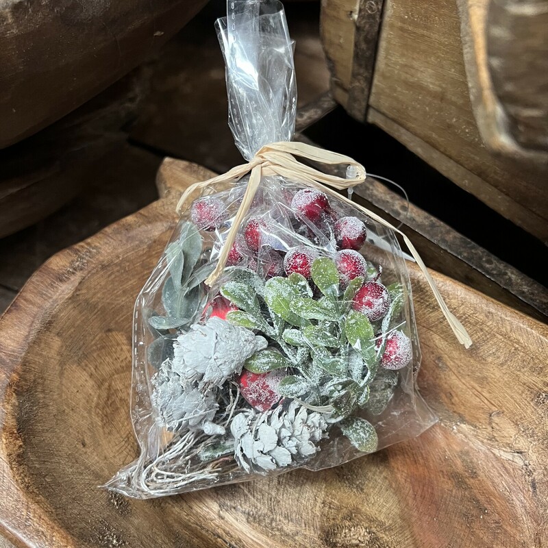 These Bowl Filler Stems make the perfect little gift or just for yourself. Bag contains snowy stems of greenery, berries, pine cones and bells that are all individual stems so your can create any design you wish.