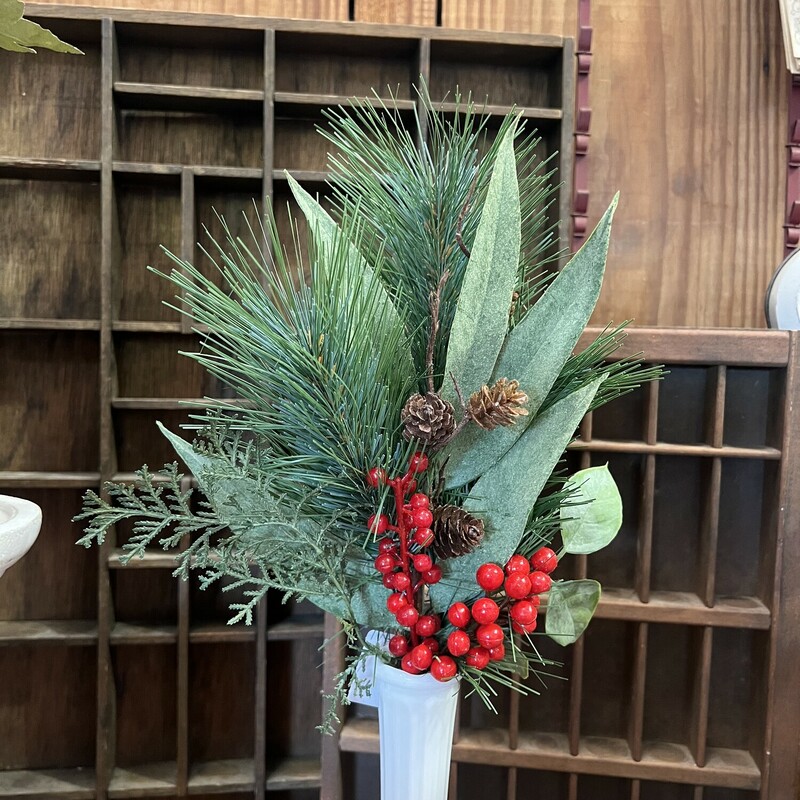 This stem is filled with seasonal greenery and berries accented with a few pine cones. Stem is perfect to drop in any vase for a festive look. Stem measures 15 inches tall