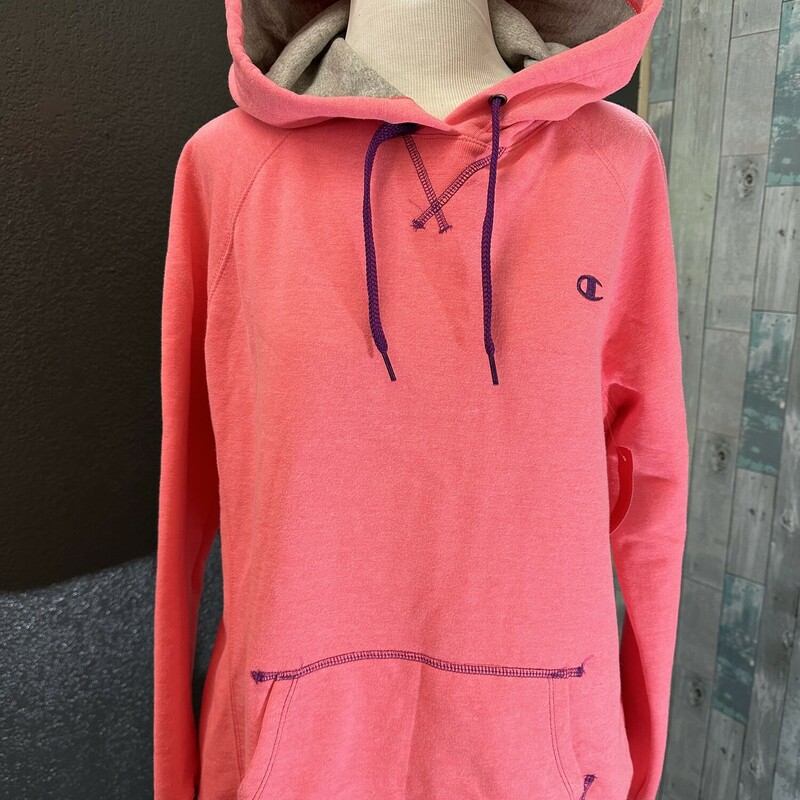 Champion Hoodie, Coral with dark purple pull strings and stitching ! super cute for your fall run and bright ! Size Xlarge in fantastic condition !