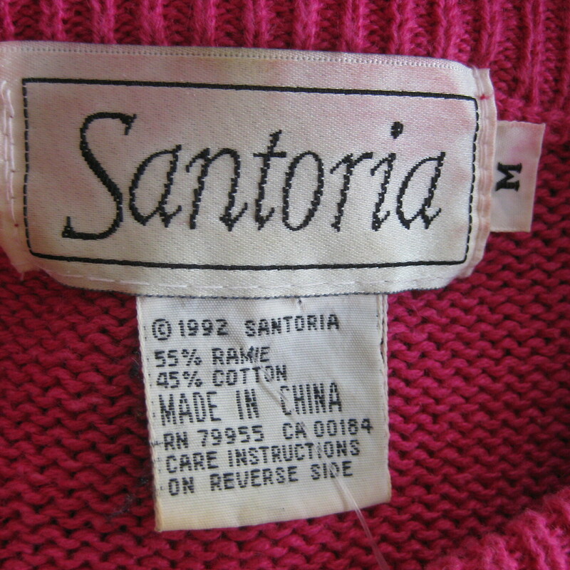 Vtg Santoria Striped Jewd, Org/Pink, Size: Medium<br />
<br />
Long slouchy sweater with stripes and jewels in vivid colors.<br />
purple, yellow, green, orange,<br />
Large and small plastic jewels and gold beads are embroidered across the chest.<br />
By Santoria<br />
Cotton ramie blend.<br />
Marked size M but will fit larger<br />
flat measurements:<br />
shoulder to shoulder: 23<br />
armpit to armpit: 21<br />
length: 27<br />
underarm sleeve seam: 19.75<br />
width at hem unstretched: 20<br />
Excellent condition, no flaws!<br />
<br />
thanks for looking!<br />
#54759