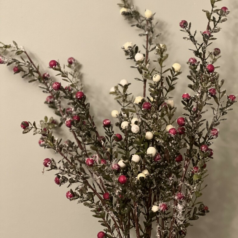 The Snowy Boxwood and Red Berry stem is a tall, delicate mixture of small boxwood leaves and berries with a snowy, glittered  finish.  Put a few in a tall vase for an eye catching centerpiece or add to any arrangement for that final touch. It is also beautiful mixed with our Snowy White stem 57340.  Stem measures 29 inches tall on a brown floral wrapped stem.