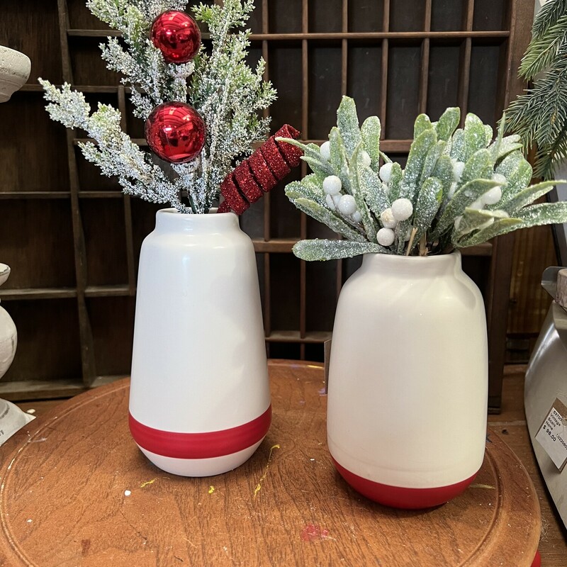 These Red and White vases are perfect for any space and look great with a variety of florals.  These vases are 6 inches and 7 inches tall